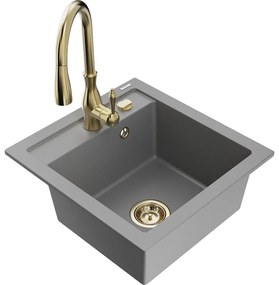 Mexen Vito, 1-komorový granitový drez 520x490x210 mm a drezová batéria Savita, šedá, 6503-71-672601-50