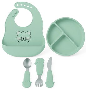 Dětský silikonový set FreeON - zelený talíř, příbor a bryndák