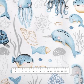 Biante Detský bavlnený štvorcový obrus Sandra SA-442 Morský svet modrý na bielom 70x70 cm