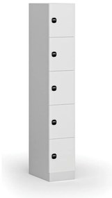 Šatníková skrinka s úložnými boxmi, 5 boxov, 1850 x 300 x 500 mm, demont, zámok s čítačkou RFID kariet, laminované dvere, biela