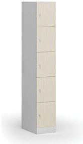 Šatníková skrinka S1 s úložnými boxmi, 5 boxov, 1850 x 300 x 500 mm, cylindrický zámok, laminované dvere, breza
