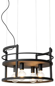 Priemyselné závesné svietidlo čierne s poličkou okrúhle 4-svetlo - Cage Rack