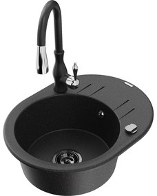 Mexen Kevin, granitový drez 586x458x190 mm, 1-komorový a drezová batéria Savita, čierna-strieborná metalíza, 6517-73-672601-70-B