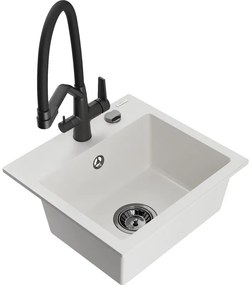Mexen Milo, granitový drez 435x410x171 mm, 1-komorový a drezová batéria Duo, biela, 6505-20-671701-70-B