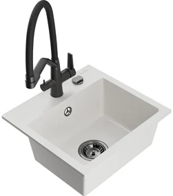 Mexen Milo, granitový drez 435x410x171 mm, 1-komorový a drezová batéria Duo, biela, 6505-20-671701-70-B
