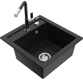 Mexen Vito, 1-komorový granitový drez 490x520x210 mm a drezová batéria Flora, čierna, 6503-77-670401-07