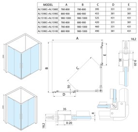 Polysan Polysan, ALTIS štvorcová sprchová zástena 800x800 mm, rohový vstup, číre sklo, AL1580CAL1580C