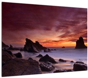 Sklenený obraz západu slnka na pobreží (70x50 cm)