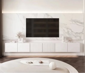 Moderná závesná TV skrinka Dorothy hladká + drážky 300 cm biela