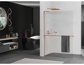 Mexen Kioto+ L, sprchová zástena Walk-In s poličkou a vešiakom 120 x 200 cm, 8mm sklo s rebrovým vzorom, ružové zlato profil, 800-120-123-60-09