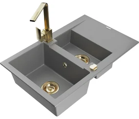 Mexen Gaspar, granitový drez 737x475x177 mm, 1,5-komorový a zlatá batéria Rita, šedá, 6507-71-670300-50