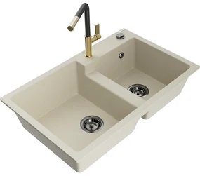 Mexen Tomas, 2-komorový granitový drez 800x500x190 mm a drezová batéria Flora, béžová, 6516-69-670401-57-B