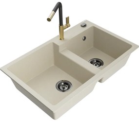 Mexen Tomas, 2-komorový granitový drez 800x500x190 mm a drezová batéria Flora, béžová, 6516-69-670401-57-B