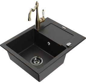 Mexen Enzo, granitový drez 576x465x174 mm, 1-komorový a drezová batéria Carla, čierna-zlatá metalíza, 6506-75-670700-50-B