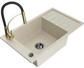 Mexen Elias, 1-komorový granitový drez 795x480x200 mm a drezová batéria Aster, béžová, 6511-69-73450-57-B