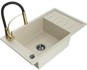 Mexen Elias, 1-komorový granitový drez 795x480x200 mm a drezová batéria Aster, béžová, 6511-69-73450-57-B