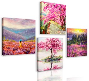 Set obrazov imitácie malieb v odtieňoch ružovej