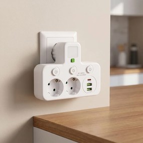 Toolight Toolight, JNH017, zásuvkový rozbočovač 2 zásuvky + 2× USB-A + USB-C s LED svetlom, biela, OSW-56309