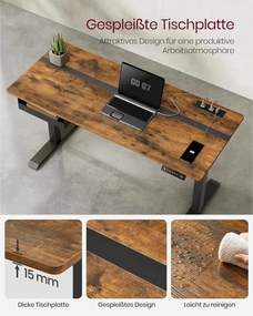 Elektrický výškovo nastaviteľný písací stôl so zásuvkou a zásuvkou, 140 x 60 cm, hnedo-čierny.