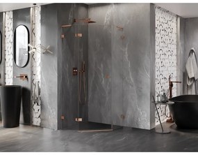 Mexen Lunar, L päťuholníkový sprchový kút naklápací doľava 90 x 90 cm, 8mm číre sklo, profil ružové zlato, 831L-090L-090P-60-00-L