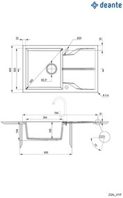 Deante Andante Flush, granitový drez 780x490x194 mm, 3,5" + priestorovo úsporný sifón, 1-komorový, šedá, ZQN_S11F
