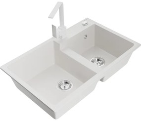 Mexen Tomas, granitový drez 800x500x190 mm, 2-komorový a biela batéria Rita, biela, 6516-20-670300-00
