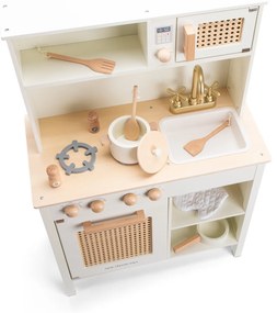 Drevená kuchynka - biela s ratanovými detailmi