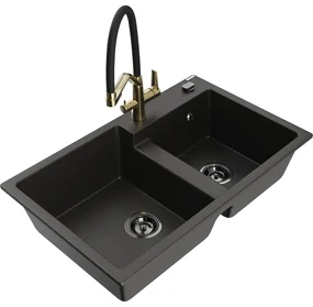 Mexen Tomas, 2-komorový granitový drez 800x500x190 mm a kuchynská batéria Duo, čierna-zlatá metalíza, 6516-75-671701-57-B