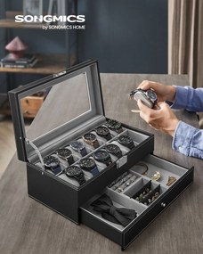 SONGMICS 2-poschodová krabička na hodinky, 12 miest, so zásuvkou na šperky, uzamykateľná, čierna