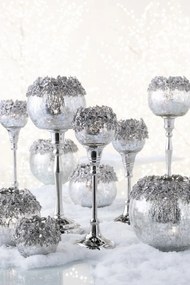 Skleněný svicen na nožičce se stříbrným zdobením a kamínky Luxy - Ø 12*33 cm