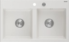 Mexen Hektor granitový drez 2-komorový 800 x 480 mm, biely, chróm sifón - 6521802000-20