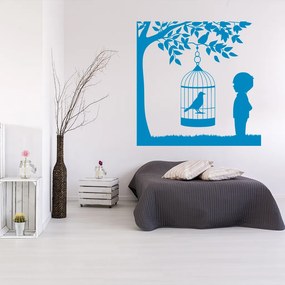 Veselá Stena Samolepka Vtáčik v klietke na strome Farba: modrá, Veľkosť: 80 x 80 cm