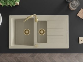 Mexen Matias - drez granitový 900x505x200 mm, 1,5-komorový, béžová so zlatým sifónom, 6502901505-69-G