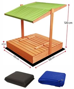 Zatvárateľné pieskovisko s lavičkami a strieškou zelenej farby 120 x 120 cm