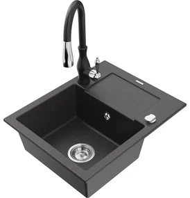 Mexen Enzo, 1-komorový granitový drez 576x465x174 mm a drezová batéria Savita, čierna škvrtnitá, 6506-76-672601-70
