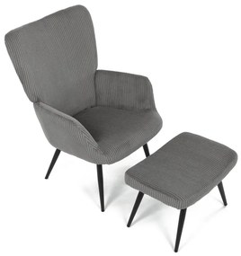 Relaxačné kreslo ušiak s taburetom ROYAL — kov, menčester, sivá