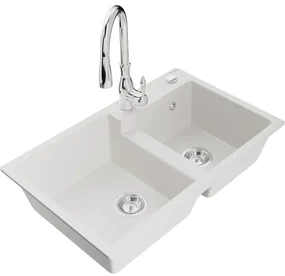 Mexen Tomas, granitový drez 800x500x190 mm, 2-komorový a drezová batéria Savita, biela, 6516-20-672601-00