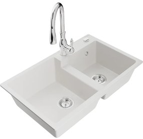 Mexen Tomas, granitový drez 800x500x190 mm, 2-komorový a drezová batéria Savita, biela, 6516-20-672601-00
