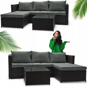 Tmavohnedá ratanová súprava so stolíkom a sivými vankúšmi