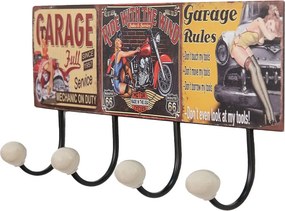 Nástenný kovový vešiak so 4-mi háčikmi Garage - 40*7*18 cm
