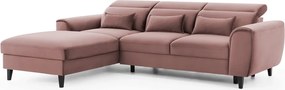 Ružová zamatová rozkladacia/s úložným priestorom rohová pohovka (ľavý roh/s leňoškou) Foble – ELTAP