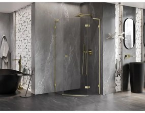 Mexen Lunar, L pravý výklopný päťuholníkový sprchový kút 90 x 90 cm, 8mm číre sklo, zlatý profil, 831L-090P-090L-50-00-P