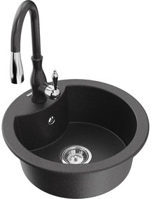 Mexen Diego, 1-komorový granitový drez 488x488x167 mm a drezová batéria Savita, čierna škvrtnitá, 6512-76-672601-76