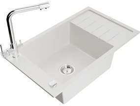 Mexen Elias, 1-komorový granitový drez s odkvapkávačom 795x480x200 mm a chrómová batéria Duero, biela, 6511-20-671600-00