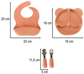 KIK Detská silikónová jedálenská súprava 4-dielna, oranžová s motívom medvedíka