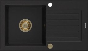 Mexen Pablo, granitový drez 752x436x161 mm, 1-komorový, čierna so zlatým sifónom, 6510751010-77-G