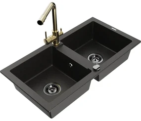 Mexen Mario, 2-komorový granitový drez 820x436x161 mm a zlatá drezová batéria Duero, čierna-zlatá metalíza, 6504-75-671600-50-B