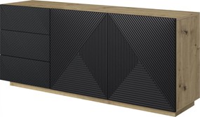 Komoda Asha 167 cm so zásuvkami a s ryhovaným čelom - artisan / čierny mat