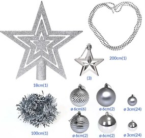 Sada vianočných závesných dekorácií ESTRELLA strieborná (66 ks)