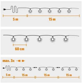 Solight LED vonkajšia reťaz s žiarovkami, 25 žiaroviek, 15m +5m, 20W, teplá biela
